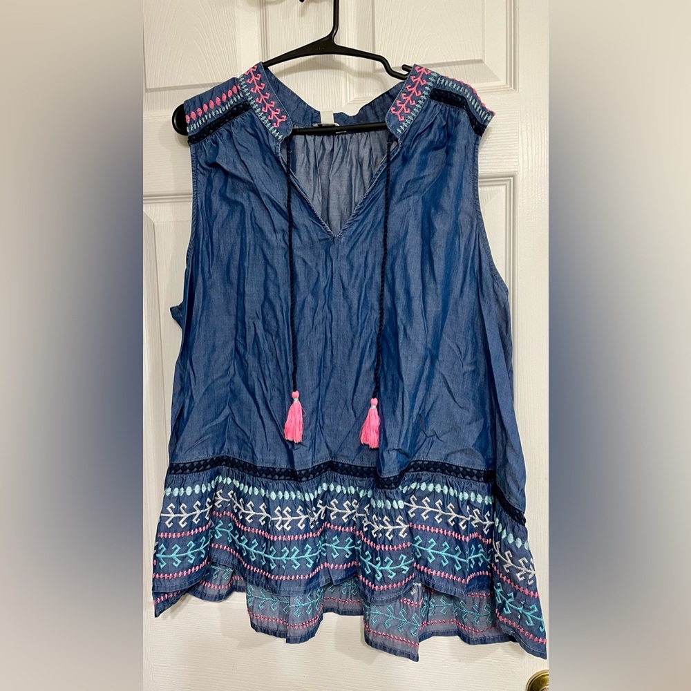 Crown & Ivy Blue and Pink Tassel Blouse